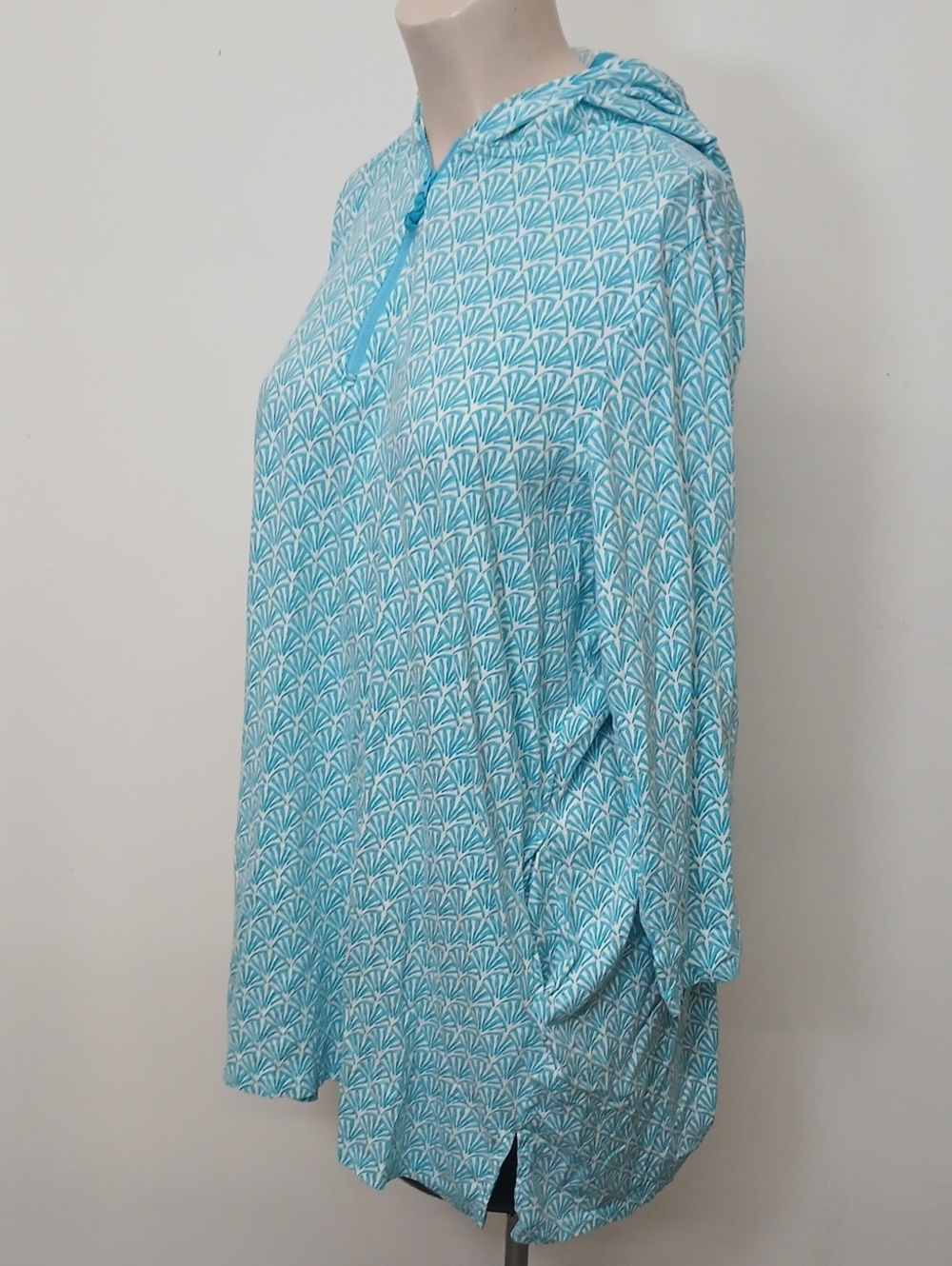 Lands' End Teal and White Printed Hooded Top Coverup Size 3x - Picture 1 of 10